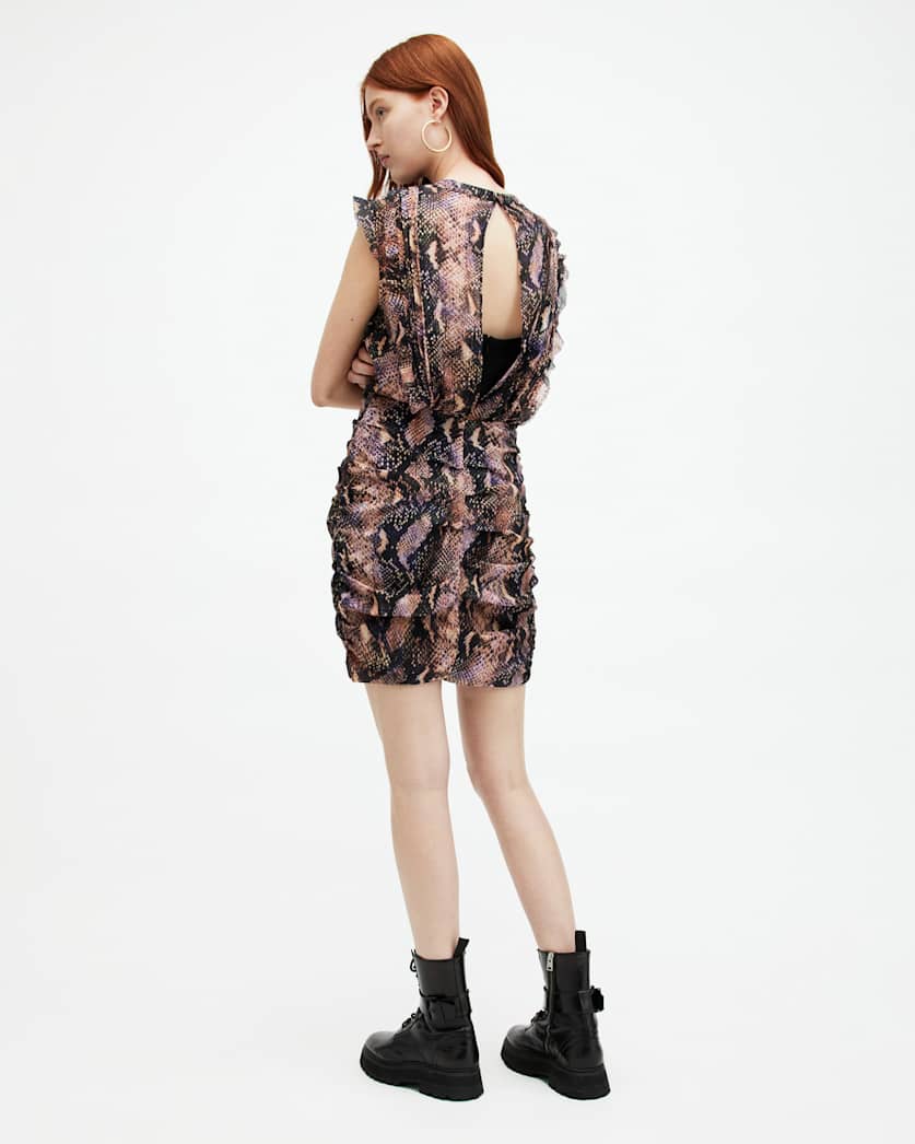 Hali Tahoe Snake Print Ruffle Mini Dress