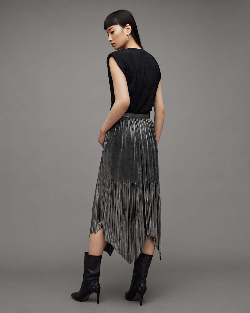 Lerin Metallic Asymmetric Midi Skirt