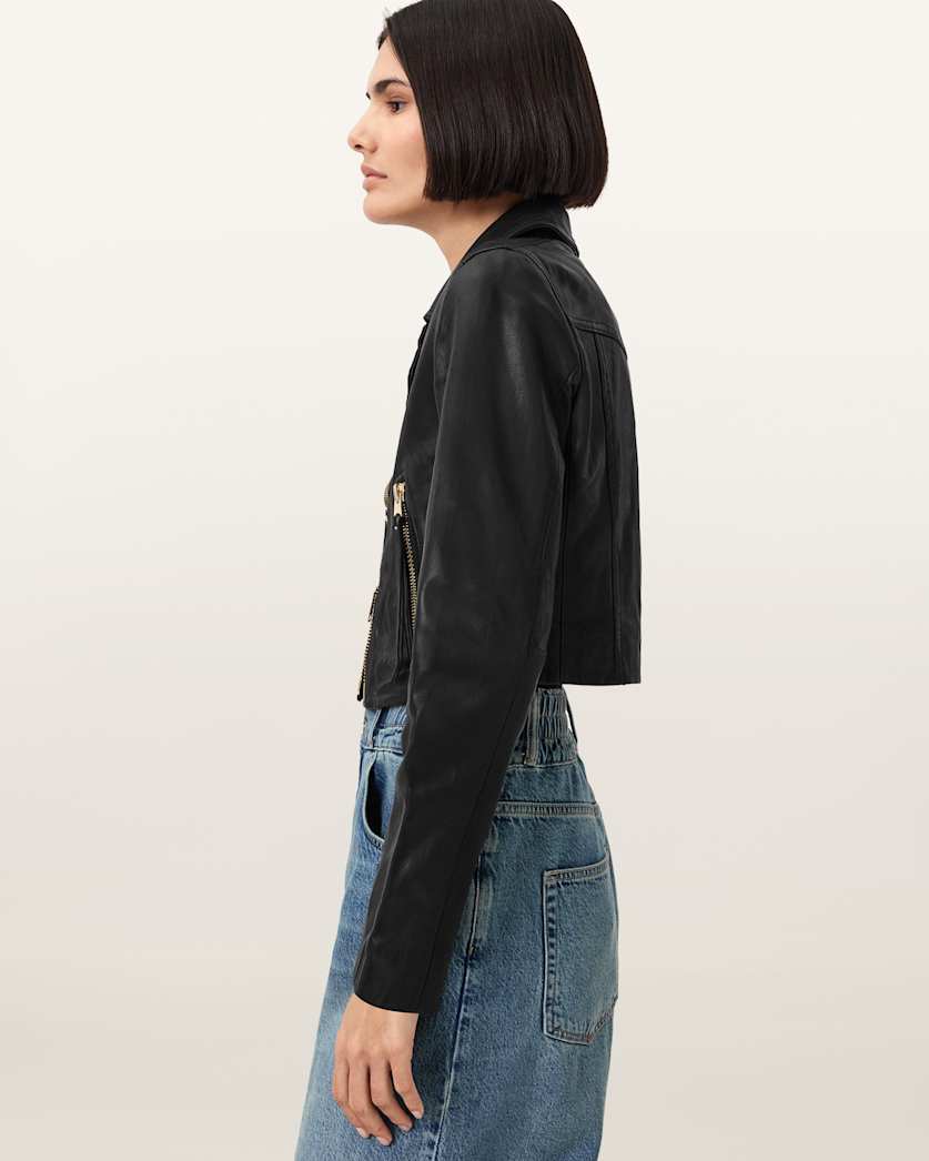 Elora Cropped Slim Leather Biker Jacket