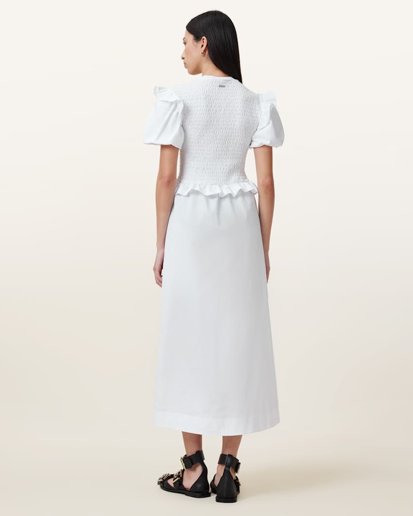 Ode Shirred Puff Sleeve Midi Dress