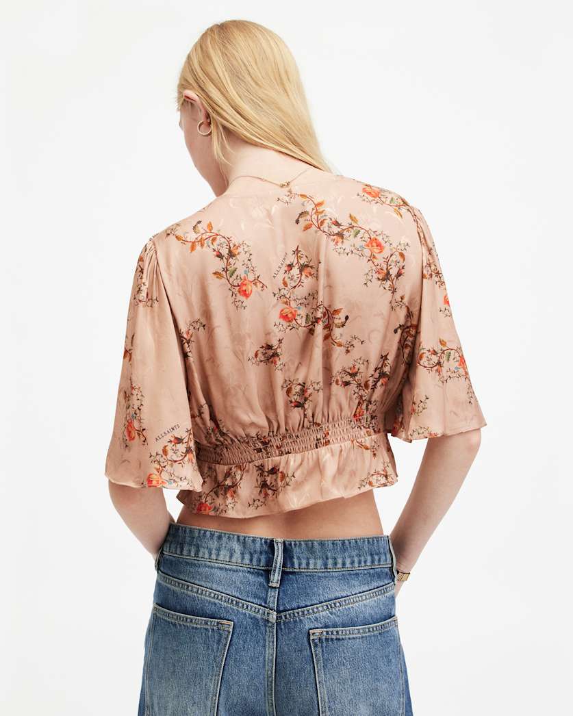 Tian Floral Print Oto Shirred Bust Top