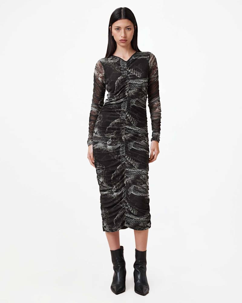 Keiko Mesh Gathered V-Neck Midi Dress