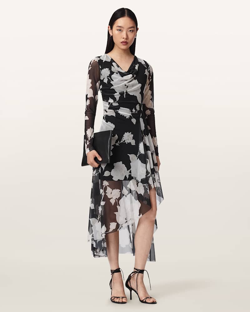 Loria Draped Mesh Midi Dress