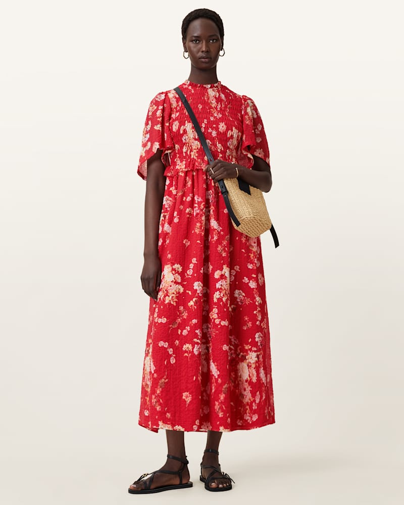 Mya Floral Print Shirred Midi Dress