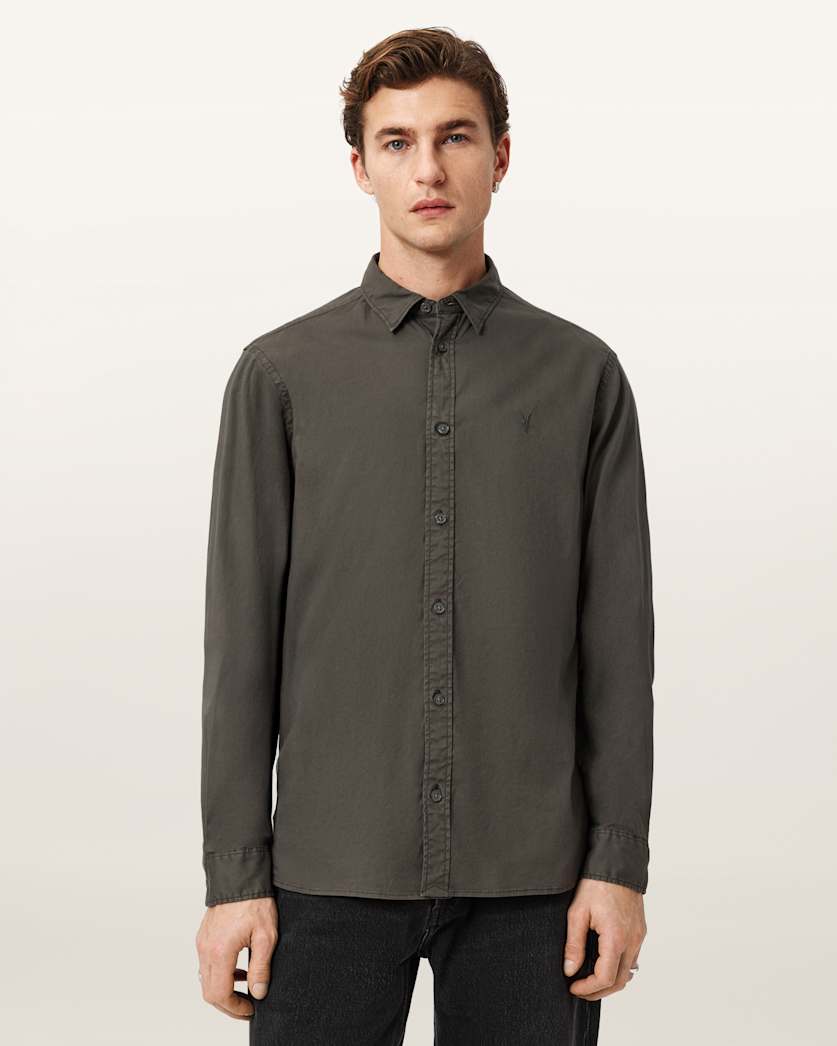 ALLSAINTS Men's Hawthorne Ramskull Stretch Fit Shirt , Green , Size XL