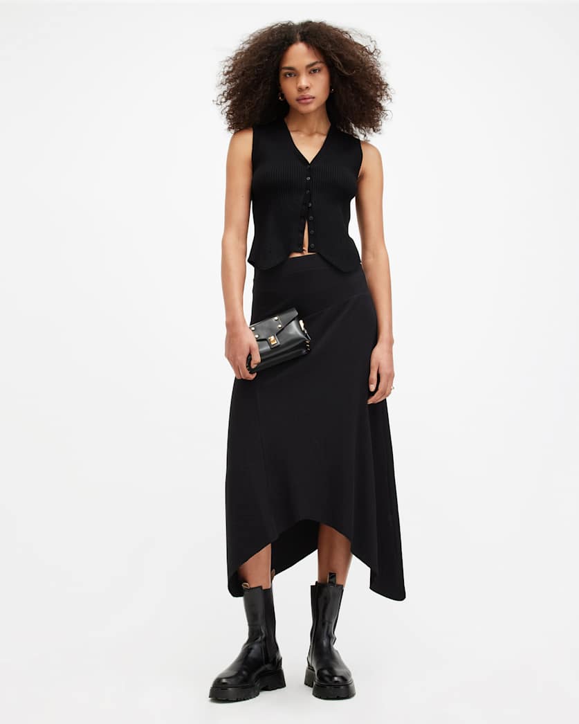 Gia Ribbed Asymmetric Midi Skirt