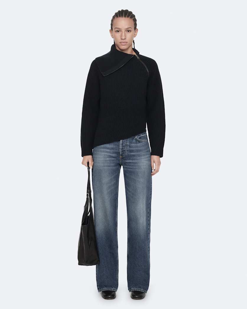 Asymmetric funnel-neck wool jumper