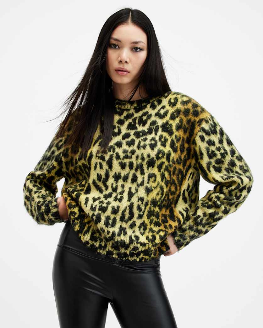 crewneck oversized cheetah sweater Lex Oversized Leopard Print Sweater ELECTRIC YELLOW ALLSAINTS US
