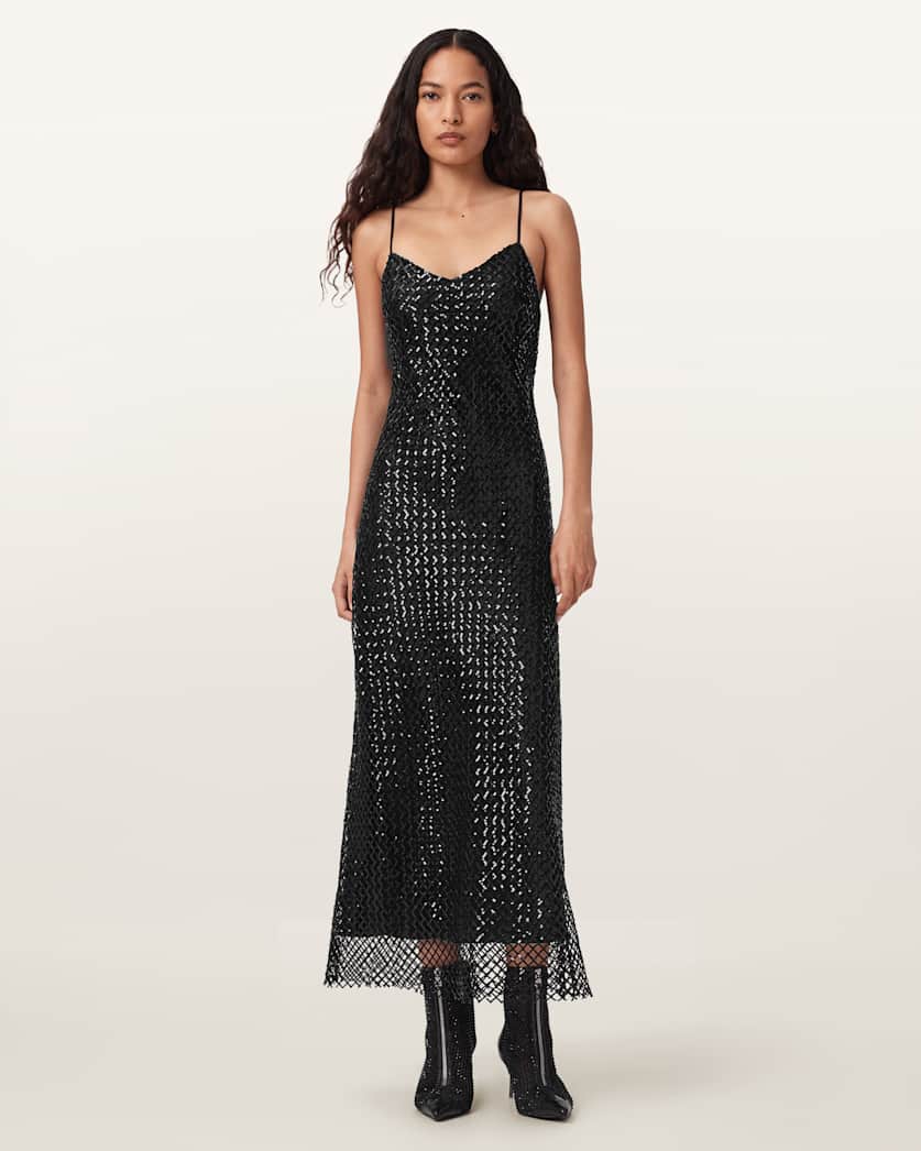 midi black sequin dress BLACK SEQUIN MIDI DRESS WITH PUFANT SLEEVES stopping velvet sequin midi dress from Coast Formal Dress Black Long Sleeved