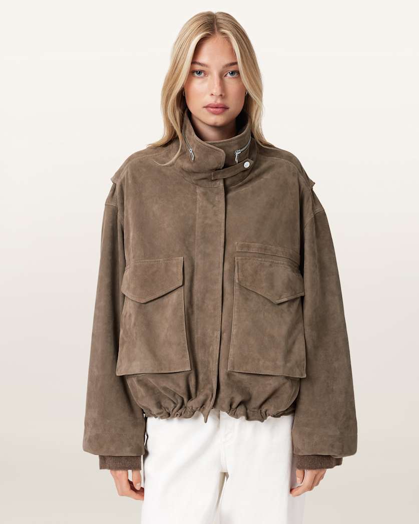Clay Funnel Neck Suede Cropped Jacket