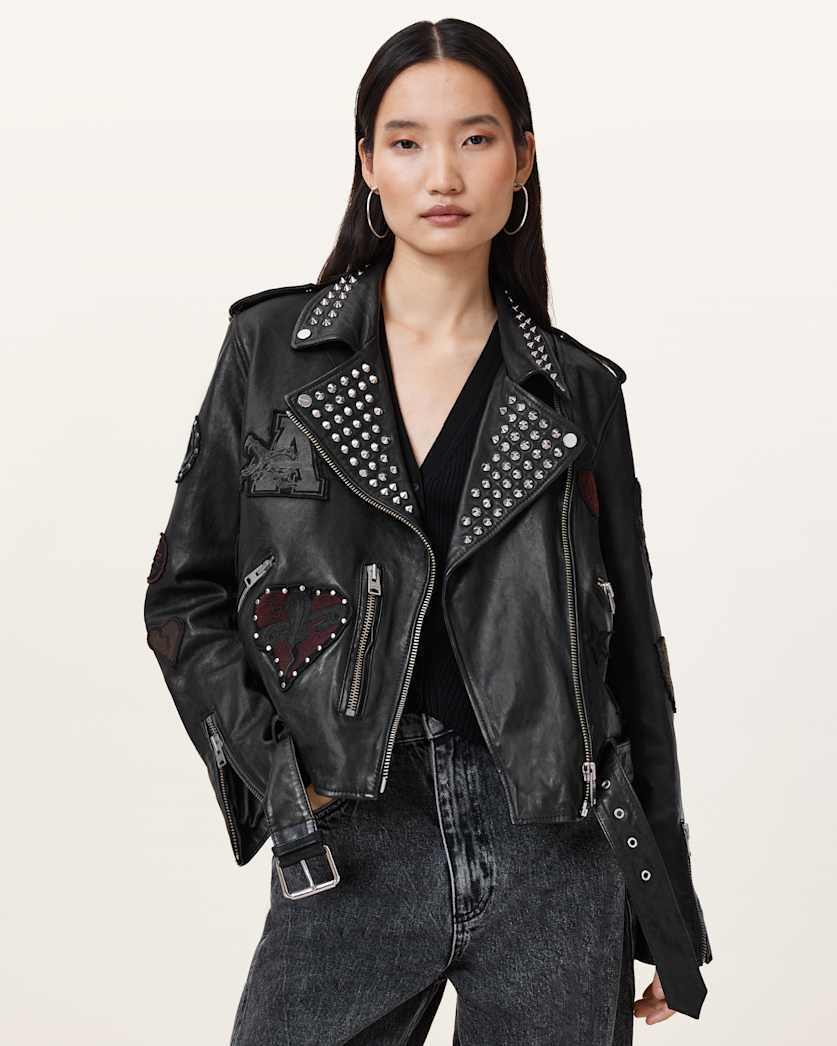 College Relaxed Fit Leather Biker Jacket