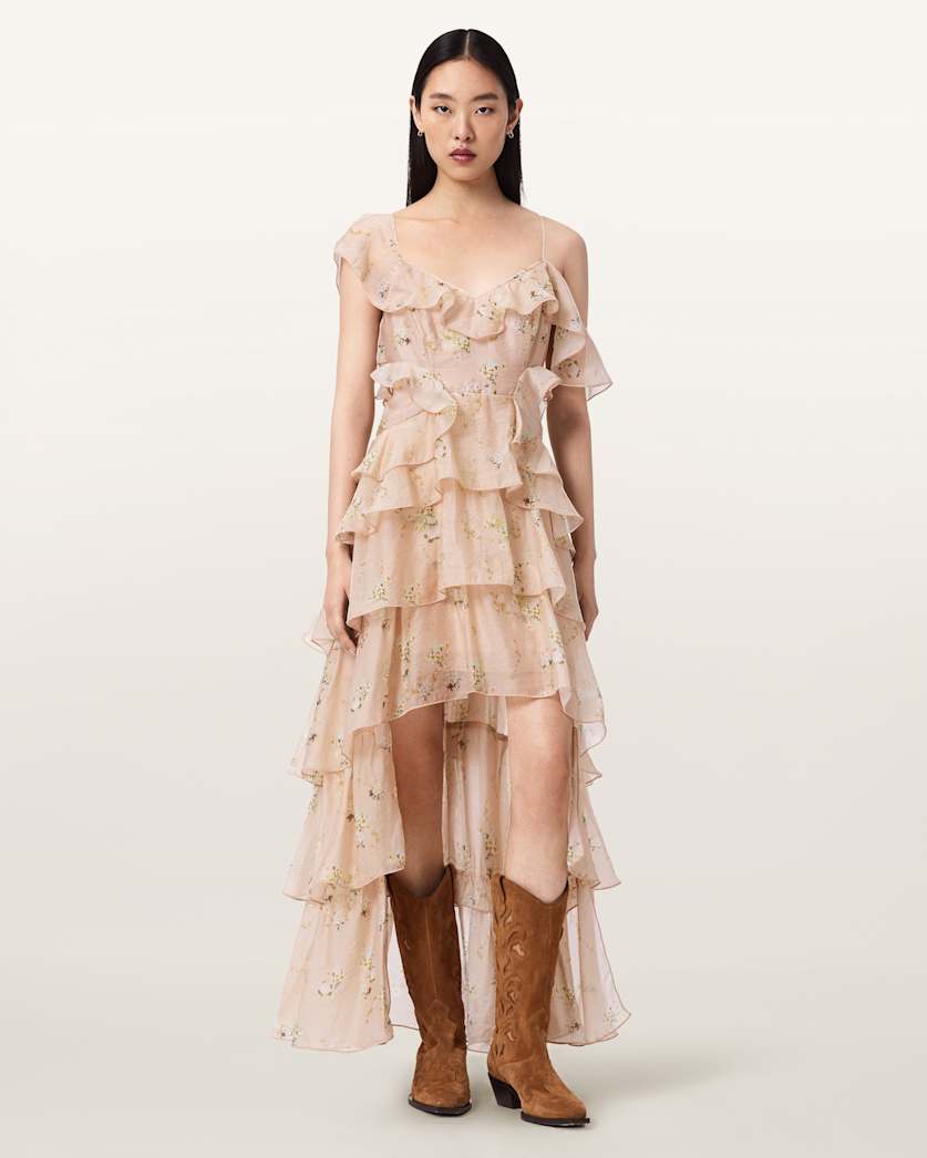 Sienna Ruffle Maxi Dress EMPOLI POP PINK | ALLSAINTS US