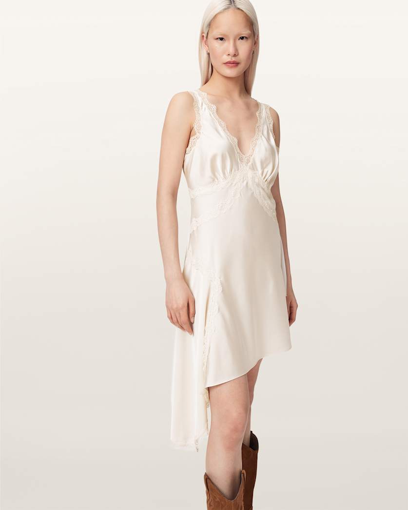 AllSaints Women's Ilka Asymmetric Lace Mini Dress , White , Size 4