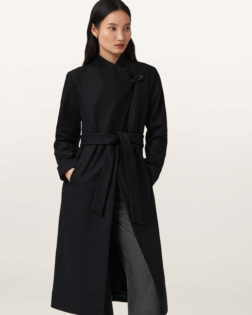 Coat Clearance Only Riley Wool Blend Wrap Coat Riley Wrap Around Belted Long Line Coat Black ALLSAINTS