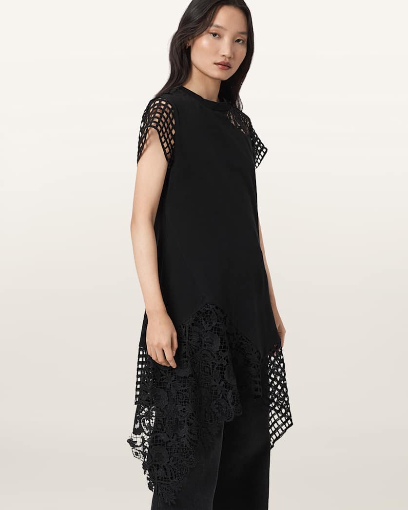 all saints crochet dress BEADED CROCHET SHORT SLEEVE DRESS L / Black / SILVER main image 0