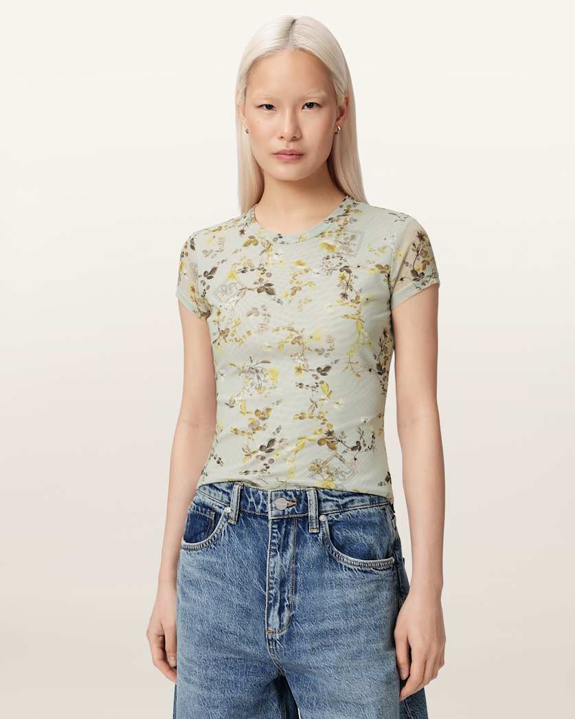 Ellie Mesh Floral Print Slim T-Shirt