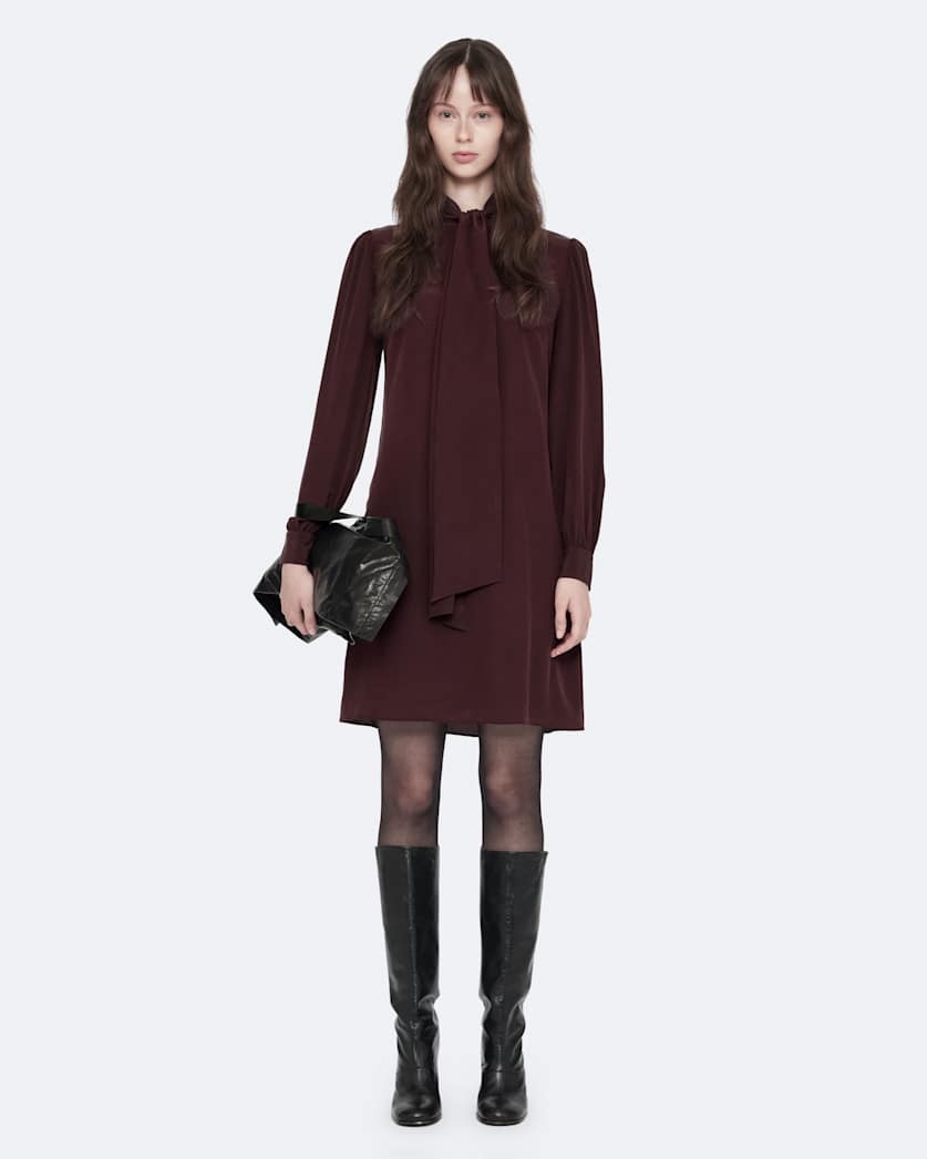 Tie-neck silk knee-length dress