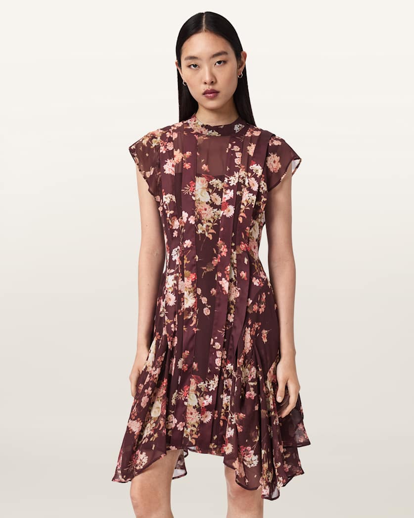 Fleur Asymmetric Floral Dress ARMADA WINE RED | ALLSAINTS