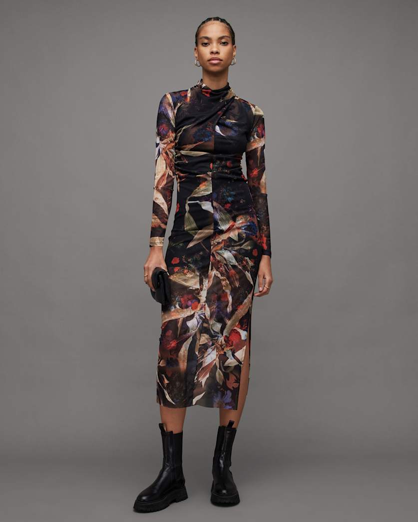 Tia Tippi Floral Print Mesh Midi Dress