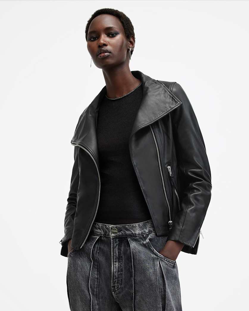 Ellis Funnel Neck Leather Biker Jacket