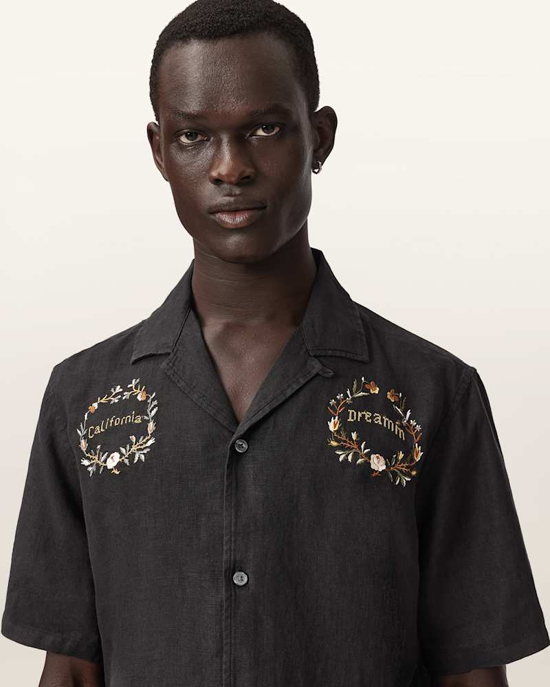 Klavicle Short Sleeve Linen Embroidered Shirt