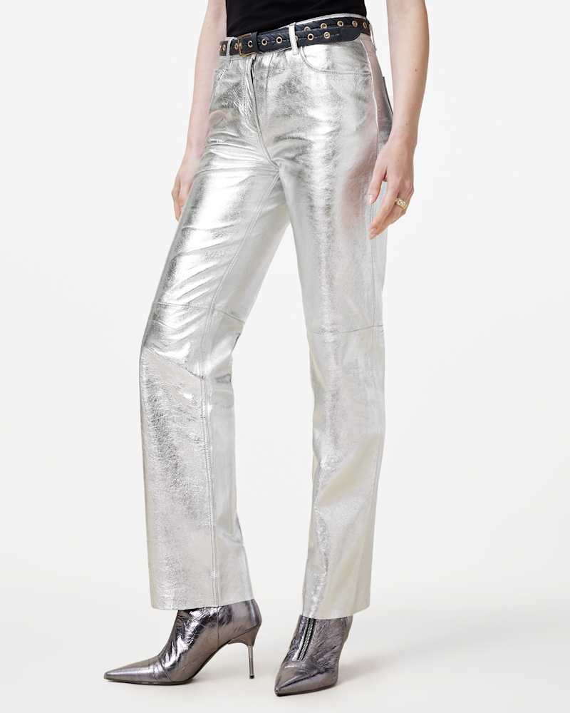 Saige Straight Fit Foiled Leather Trousers