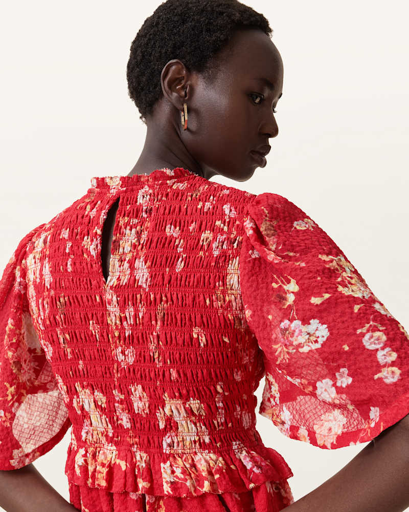 Mya Floral Print Shirred Midi Dress