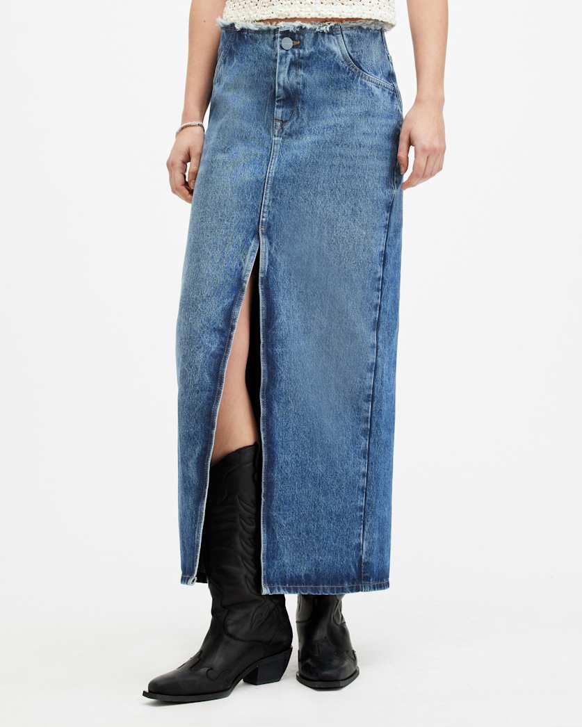 Cyra Frayed Waistband Maxi Denim Skirt
