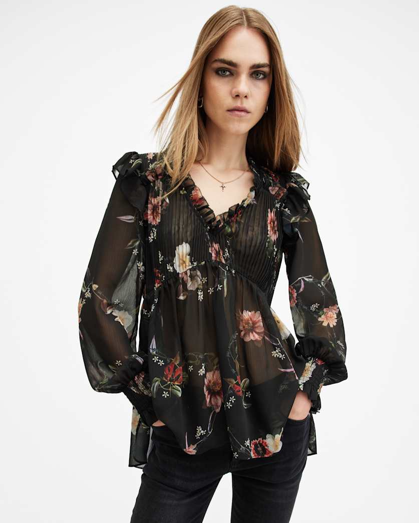 Iryna Frill Printed Sheer Top