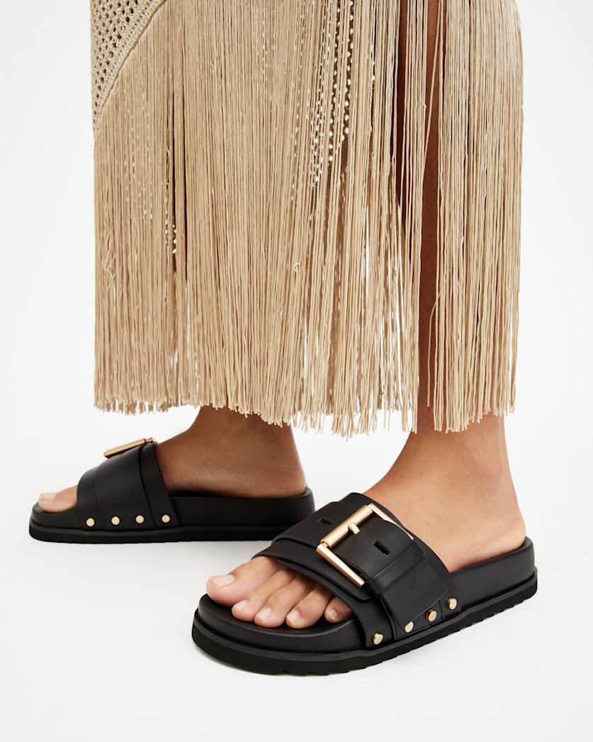 Ellie Studded Buckle Leather Sliders