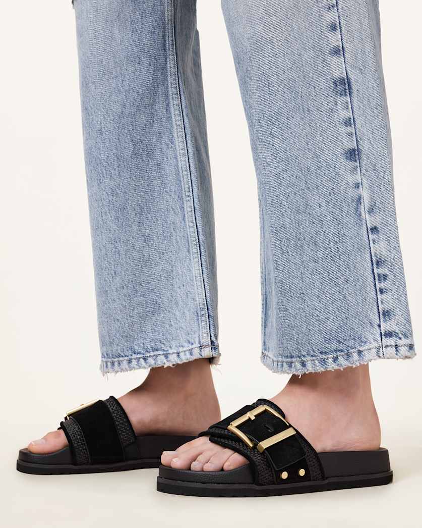 Ellie Raffia Buckle Leather Sliders
