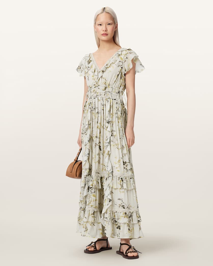 Canto Floral Ruffled Maxi Dress CARMEL STEM GREEN | ALLSAINTS US
