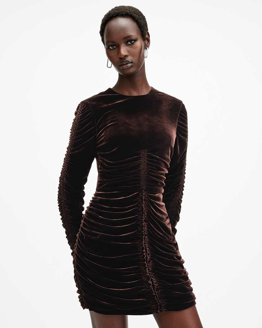 Eris Ruched Velvet Mini Dress RICH BROWN