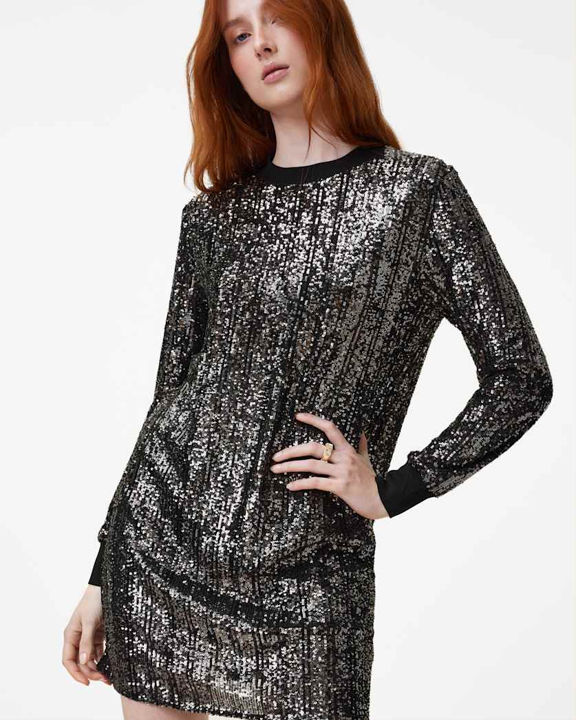 knee length dresses for ladies Onaki Long Sleeve Mini Dress in Mini Sequin Black main image 0