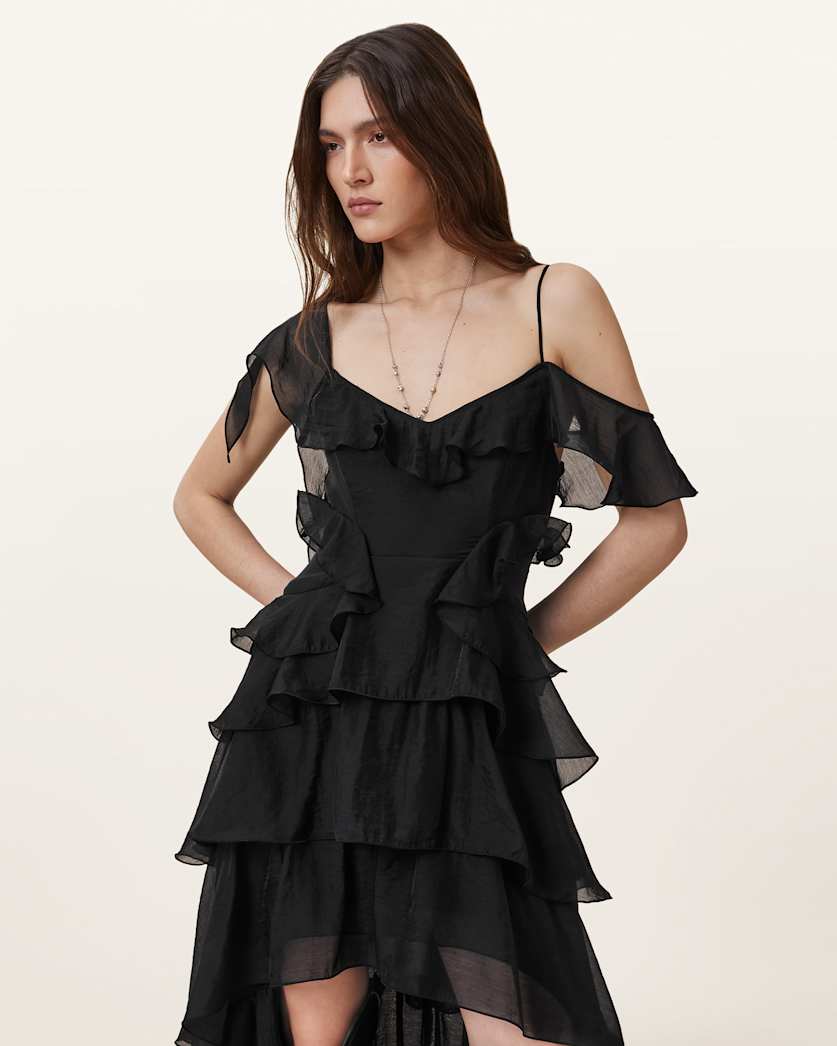 all saints black dress AllSaints Women's Cavarly Tiered Ruffle Maxi Dress, Black, Size 0 Lining 100% Polyester. Sienna Ruffled Maxi Dress Black