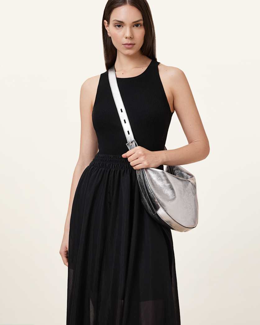 Half Moon Metallic Leather Crossbody Bag