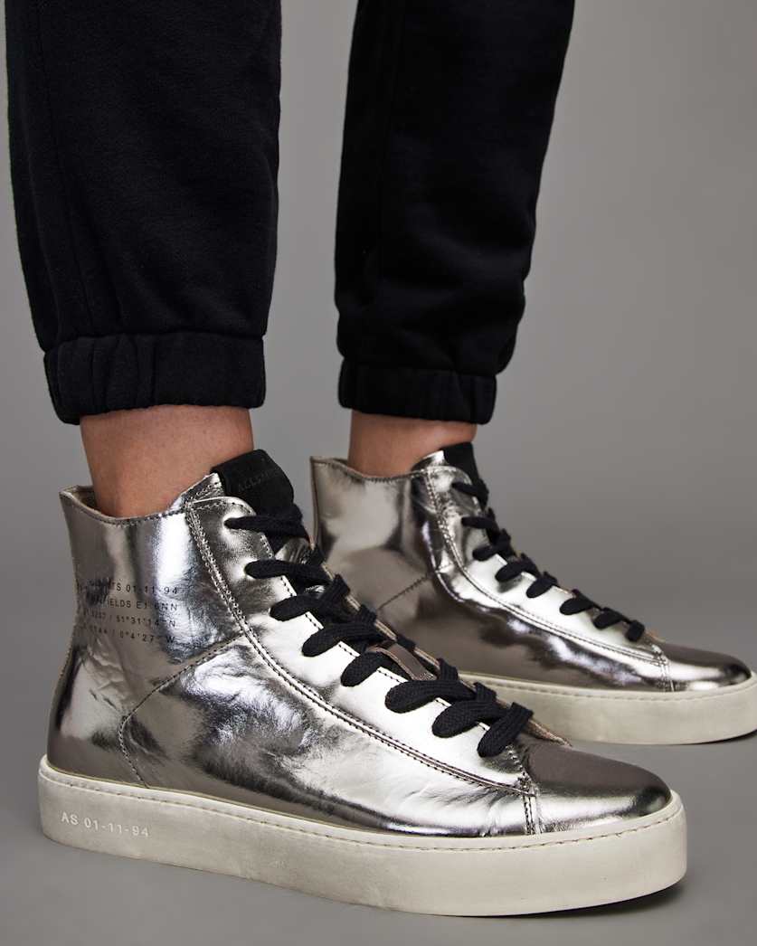 Tana Metallic Leather High Top Sneakers Silver ALLSAINTS US