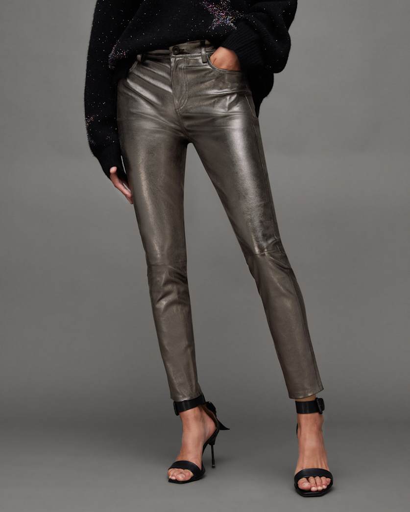 Ina Leather Metallic Pants Gunmetal ALLSAINTS US