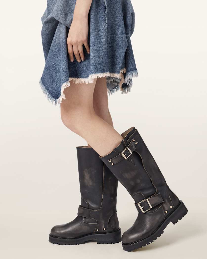 Tay Calf Length Leather Biker Boots