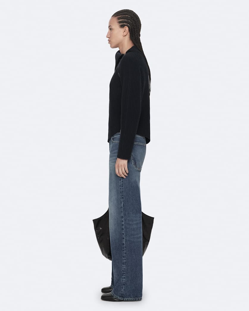 Asymmetric funnel-neck wool jumper