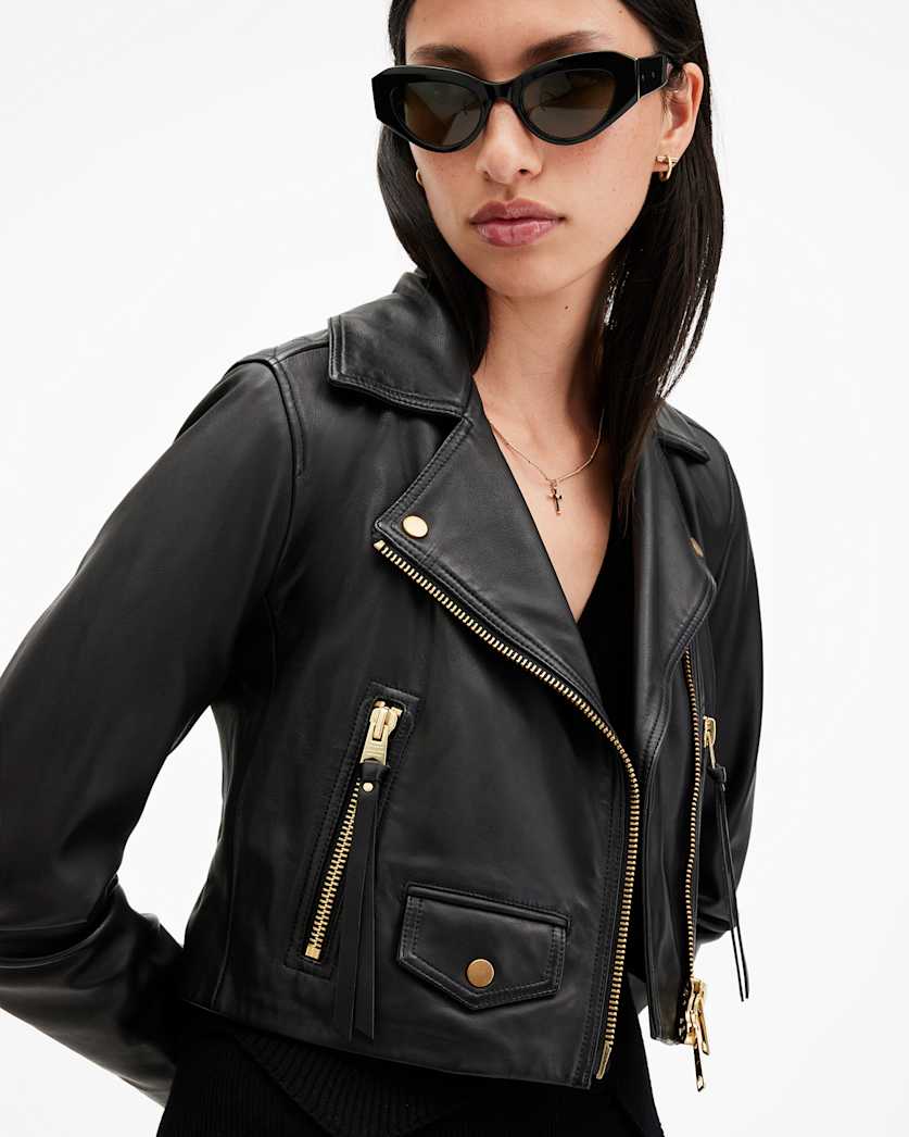 Elora Cropped Slim Leather Biker Jacket