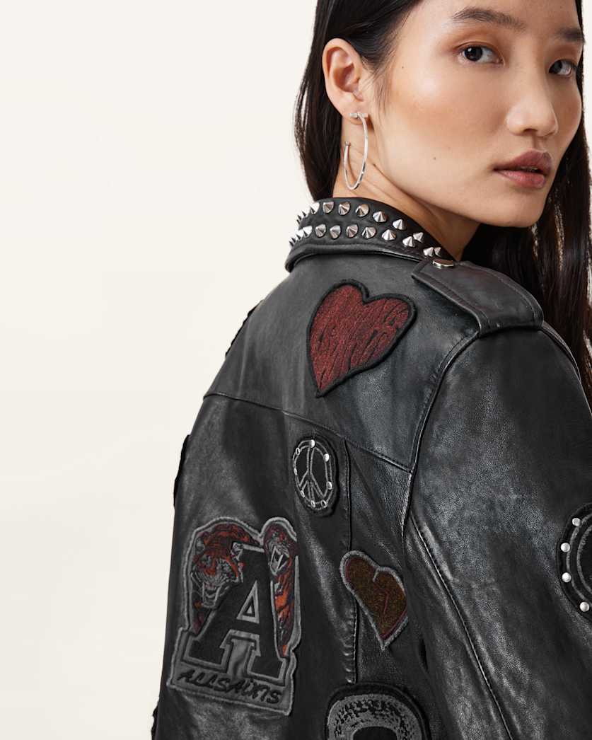 College Relaxed Fit Leather Biker Jacket
