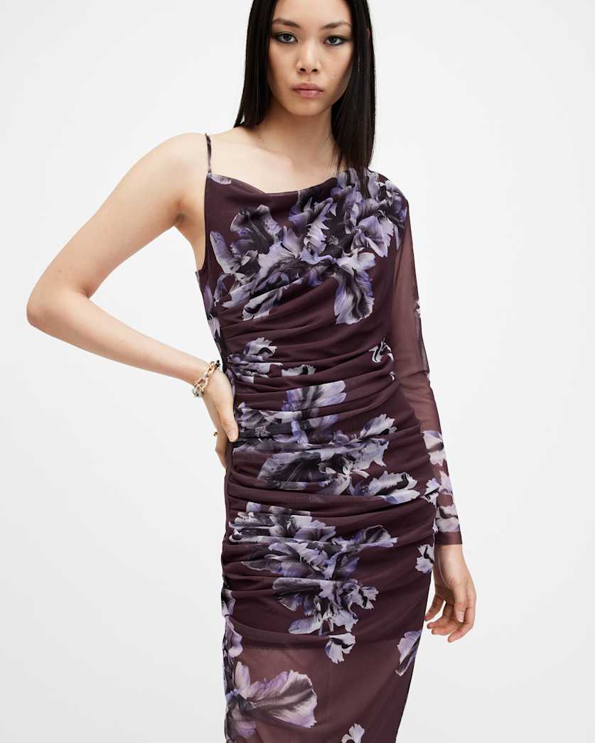 Eris One Shoulder Mesh Floral Midi Dress