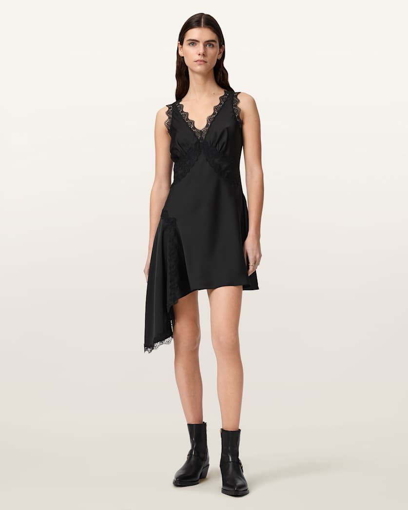 Ilka Asymmetric Lace Mini Dress Black | ALLSAINTS Canada