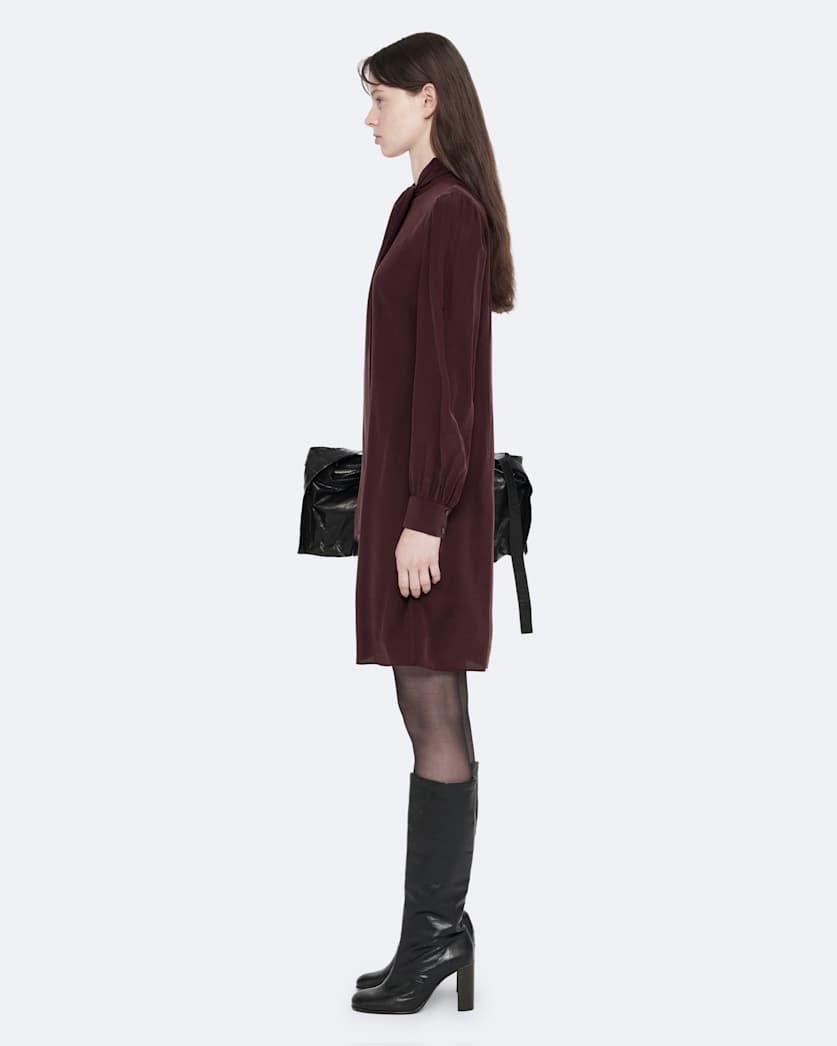 Tie-neck silk knee-length dress