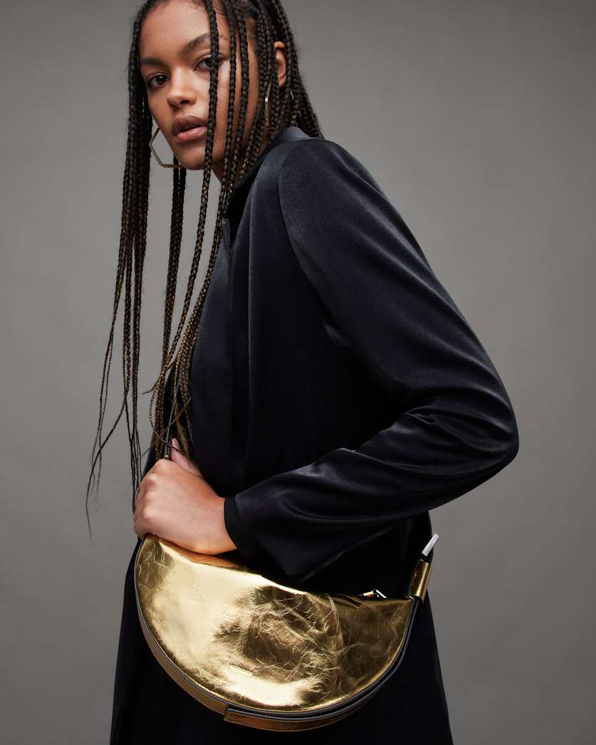 Half Moon Metallic Leather Crossbody Bag