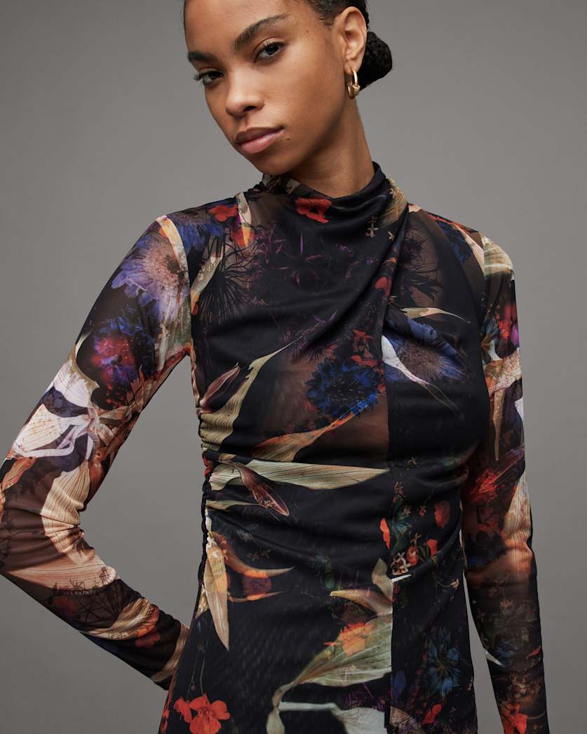 Tia Tippi Floral Print Mesh Midi Dress