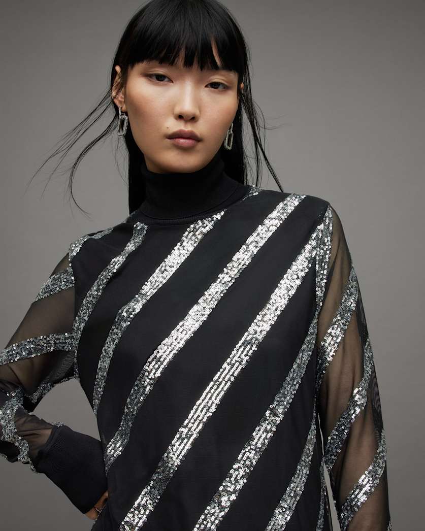 Juela Mesh Striped Sequin Midi Dress