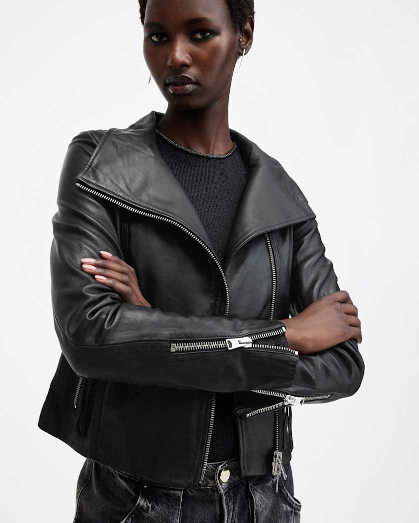 Ellis Funnel Neck Leather Biker Jacket