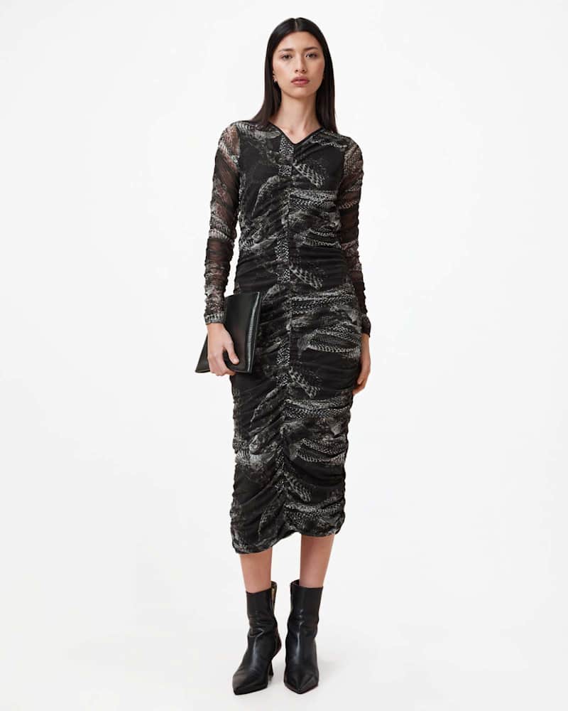 Keiko Mesh Gathered V-Neck Midi Dress